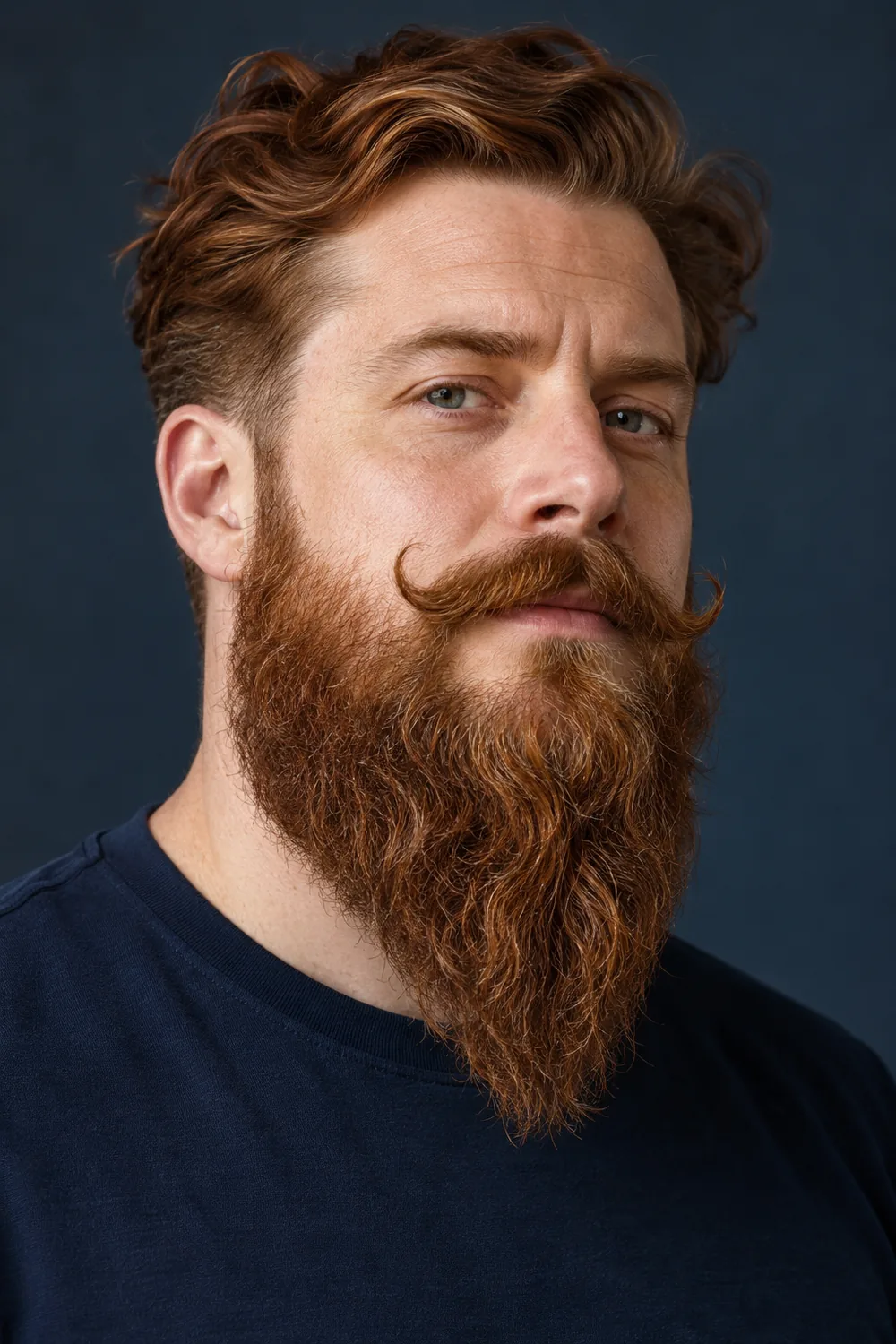 Adult man in a navy crewneck with thick wavy auburn hair, a long tapered beard, and a compact handlebar mustache with upturned tips.