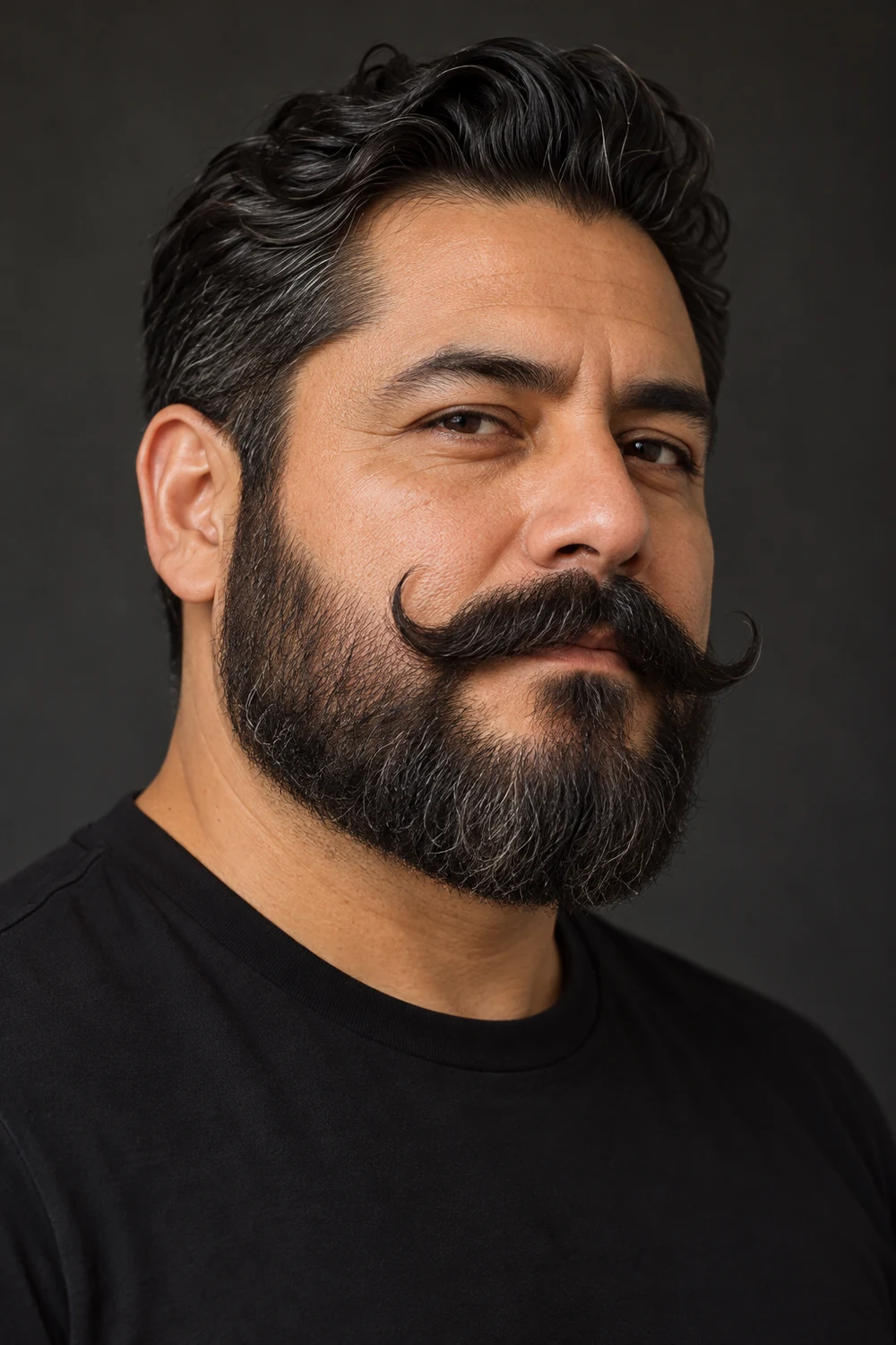 Three-quarter portrait of an adult man with a dense broad beard and large mustache sweeping outward into lifted curled tips.