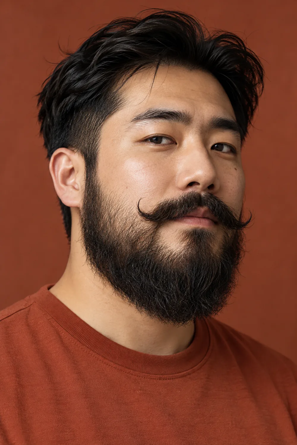 Fictional adult East Asian man in a rust crewneck, wearing a full medium black beard and connected handlebar mustache with clearly curled-up ends.
