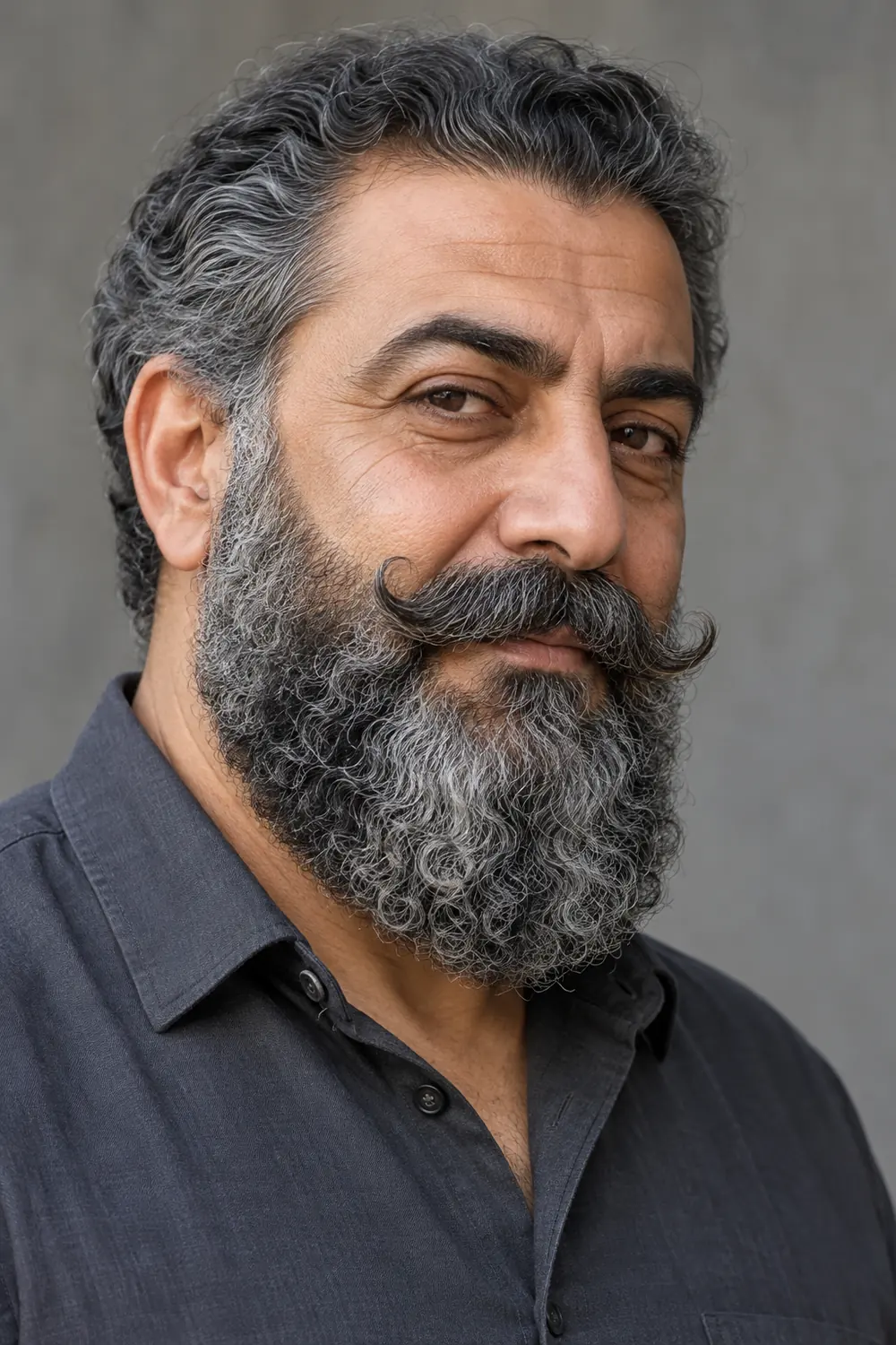 Three-quarter portrait of an adult man with a dense, low cheek-line salt-and-pepper beard and a medium handlebar mustache with upturned ends.