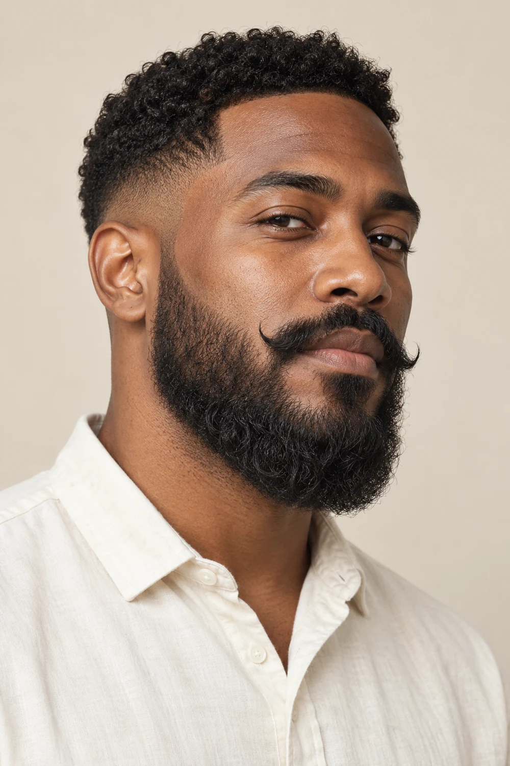 Three-quarter portrait of an adult Black man with a medium wavy beard, faded sideburns, and a connected handlebar mustache with raised tips.