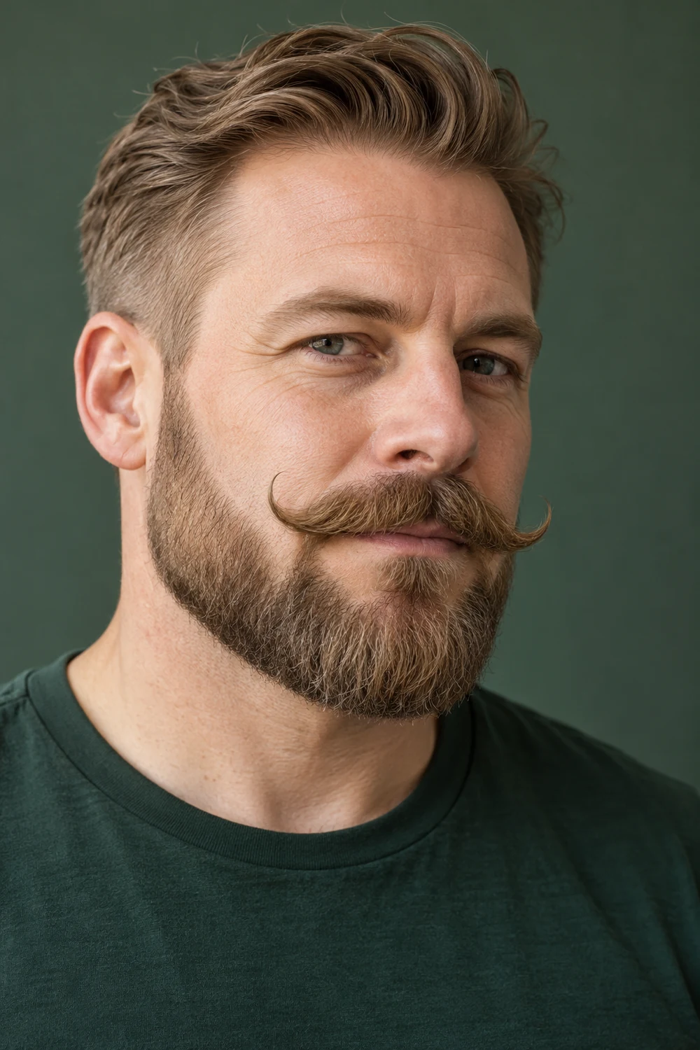 Photorealistic three-quarter portrait of an adult man with a short squared dark-blond beard and a full handlebar mustache with curved-up ends.