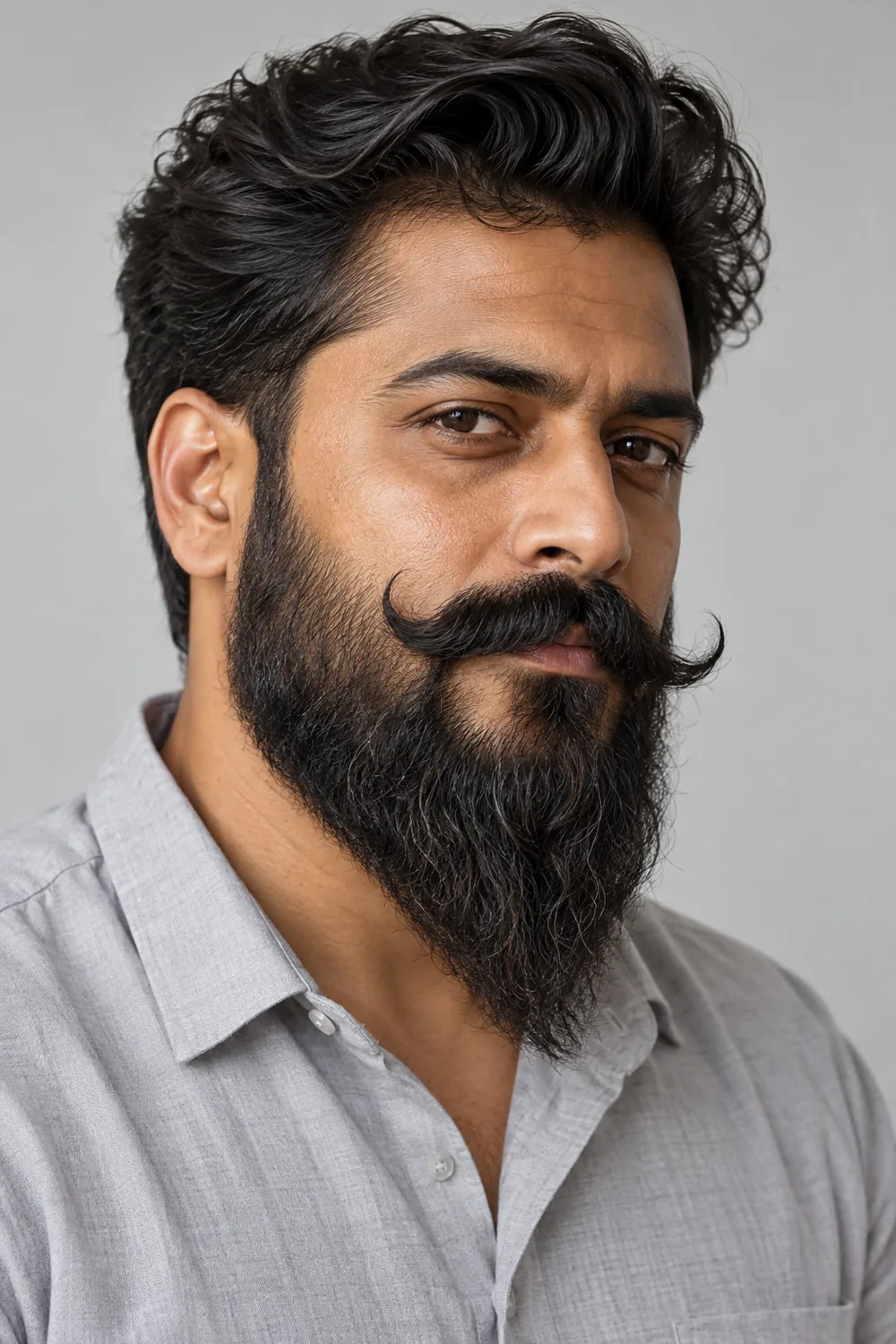 Adult South Asian man in a light gray shirt, wearing a dense connected black beard tapered to a long point and a wide mustache with upturned ends.