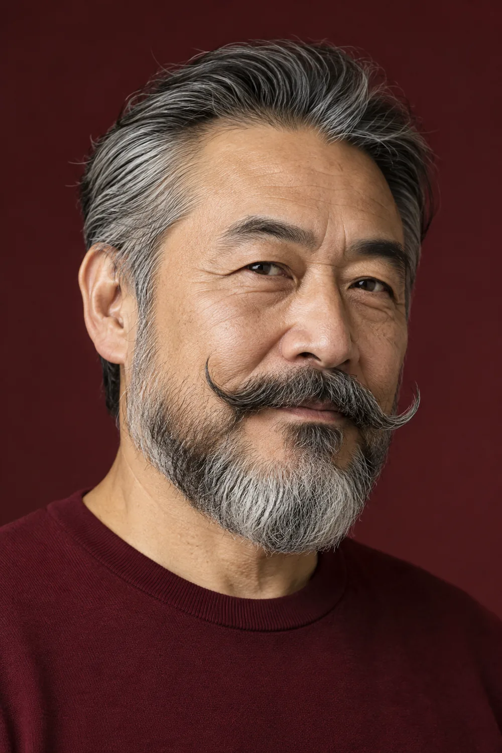 Fictional mature East Asian man in a burgundy crewneck with a medium rounded salt-and-pepper beard and a mustache curled upward at both ends.
