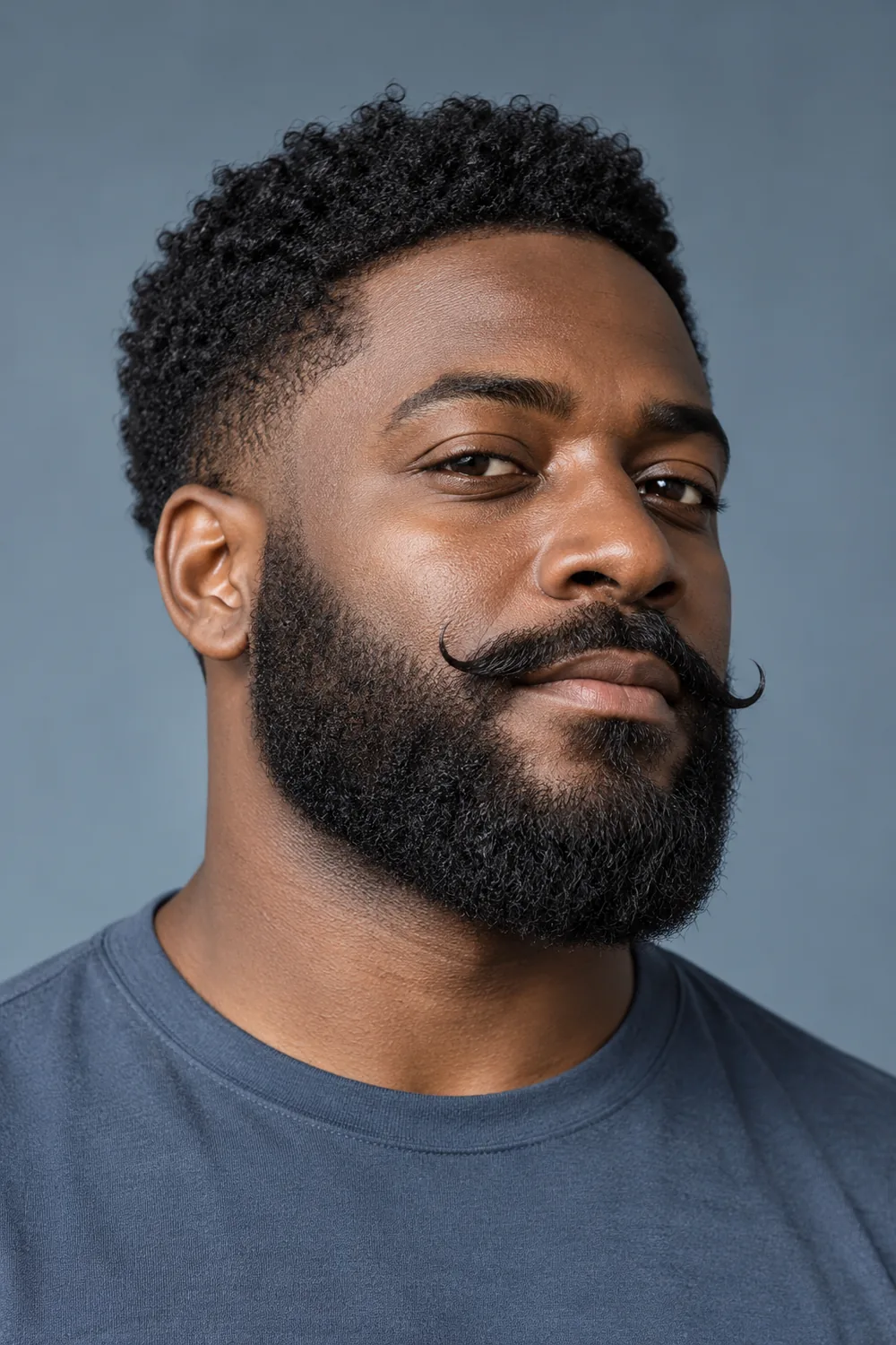 Three-quarter portrait of an adult Black man with a compact, coarse-textured beard and a slim mustache curled upward at both ends.