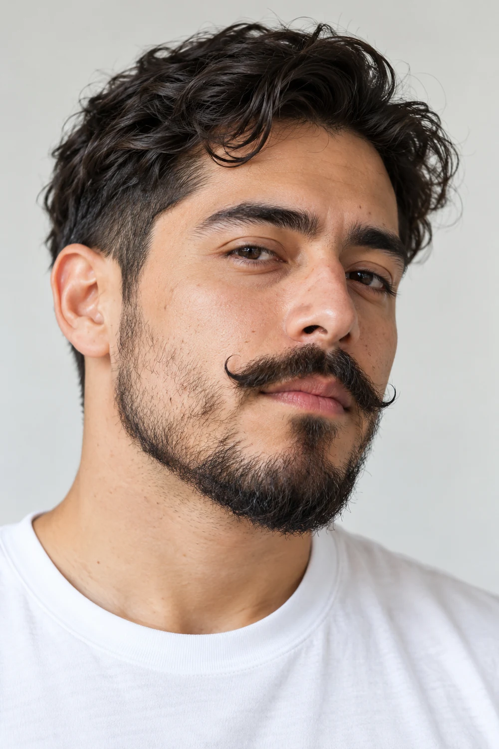 Three-quarter portrait of an adult man with sparse upper-cheek growth, a fuller short jaw beard, and a small mustache with curved-up ends.