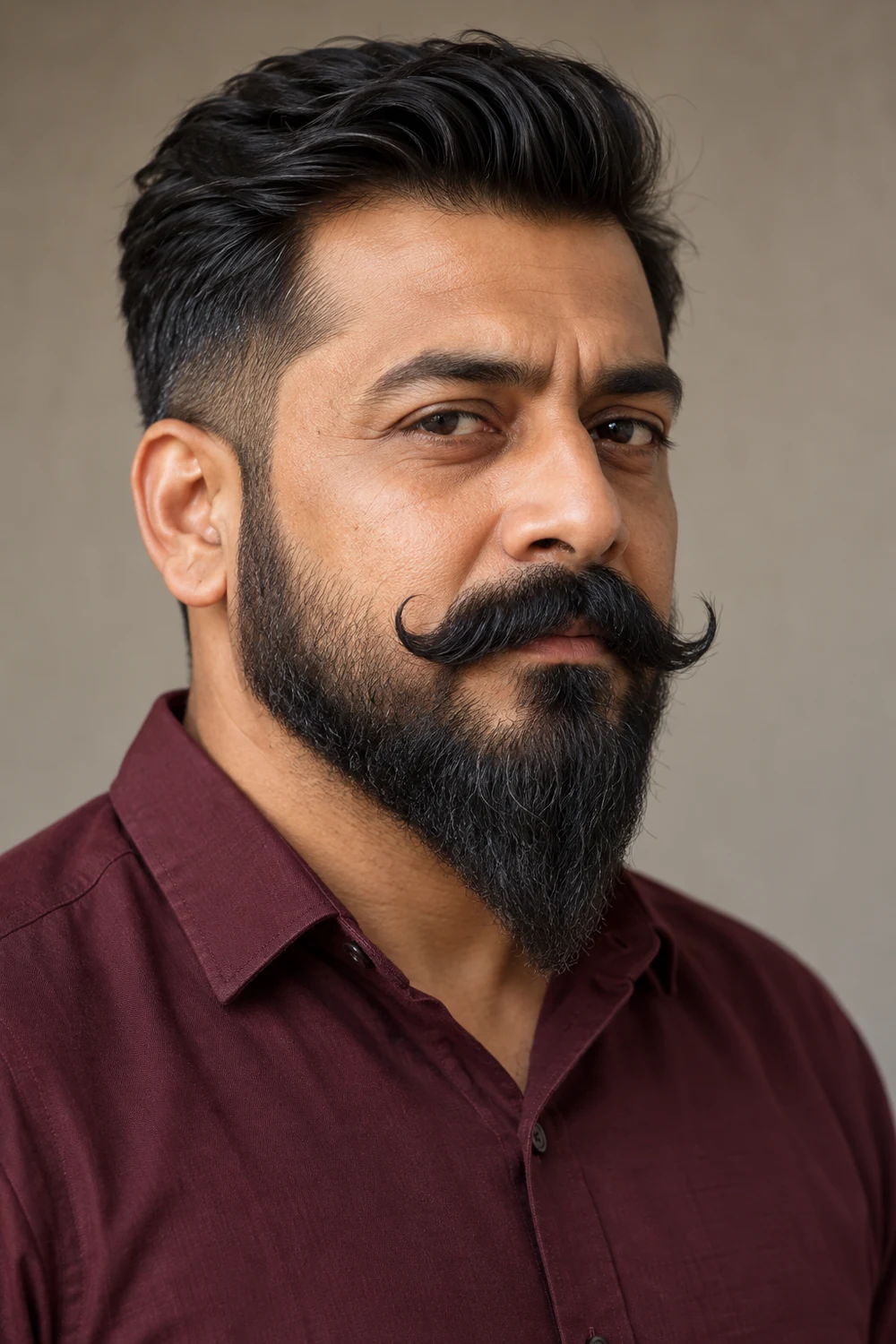 Fictional adult South Asian man in a maroon shirt with short, close cheek hair, a longer pointed chin beard, and a broad handlebar mustache with lifted curved tips.