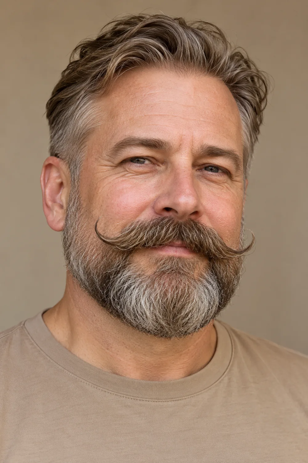 Adult man with a close rounded gray-brown beard, softly elevated cheek line, and broad handlebar mustache with outward, upward-curved tips.
