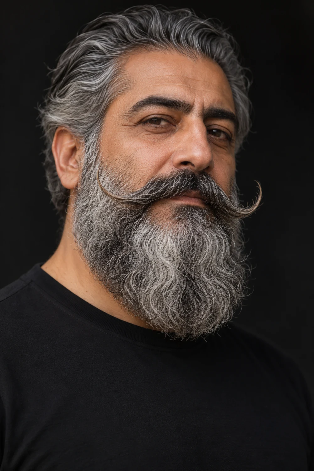 A fictional older man with warm olive skin, wavy salt-and-pepper hair, a long full beard with a rounded tip, and an expansive mustache curled upward at both ends.