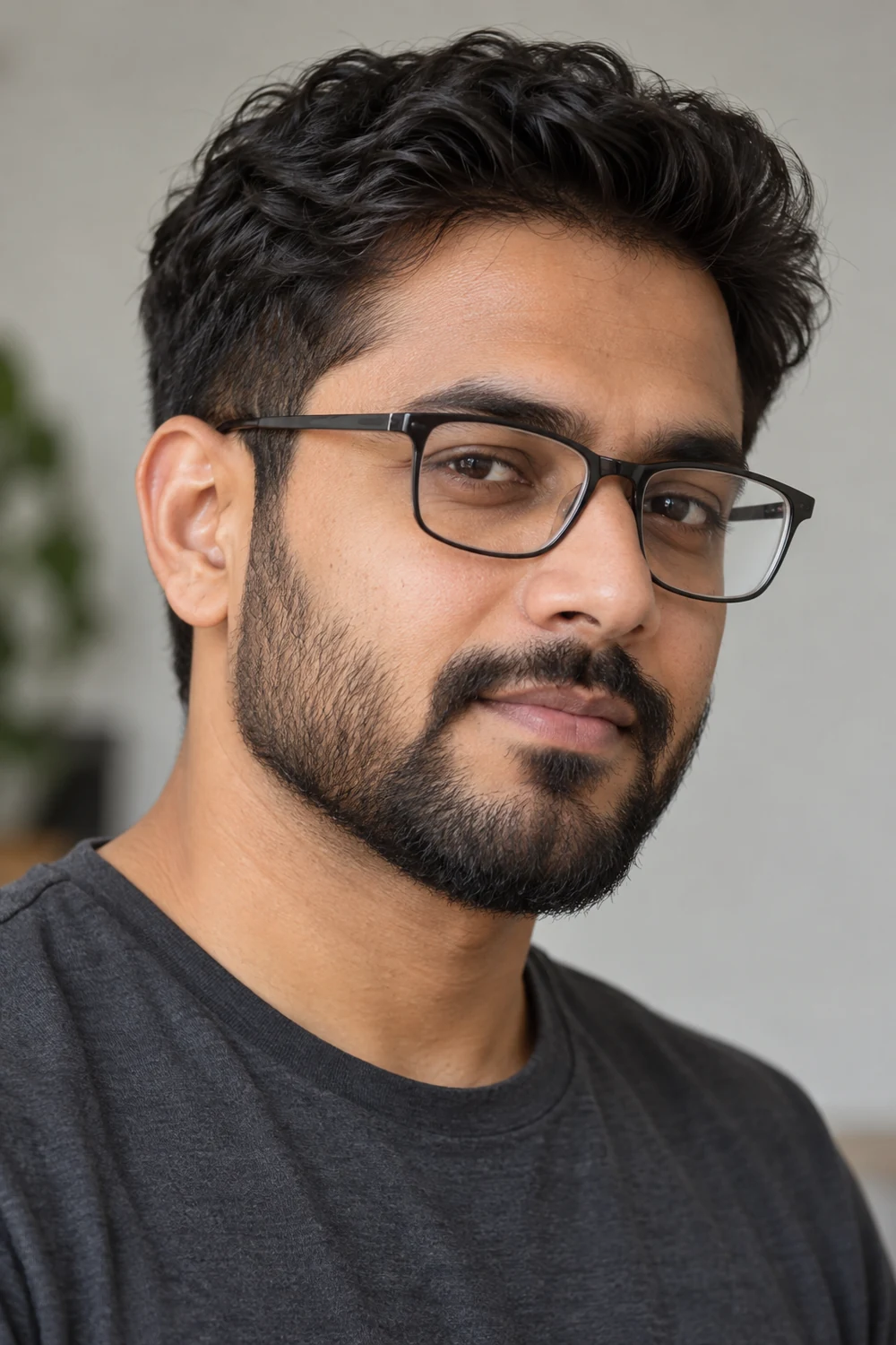 Adult South Asian man in clear-lens rectangular glasses and a charcoal crew-neck shirt, shown in three-quarter view with a short dark boxed beard and connected mustache.