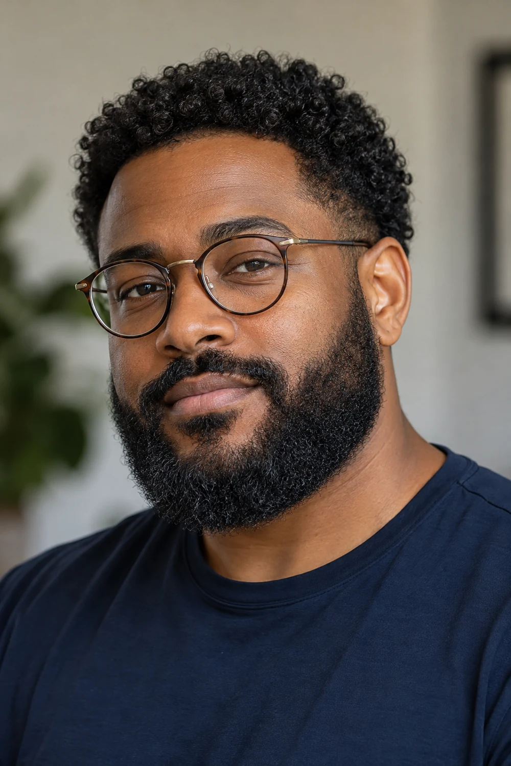 Fictional adult Black man wearing round clear-lens glasses and a dense, softly rounded short-to-medium beard.