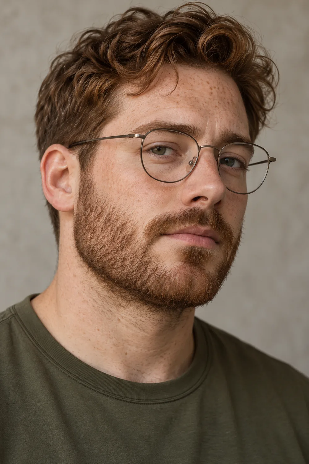 Fictional adult man with freckles wearing thin metal clear-lens glasses and dense auburn-brown stubble across his cheeks, chin, and jaw.