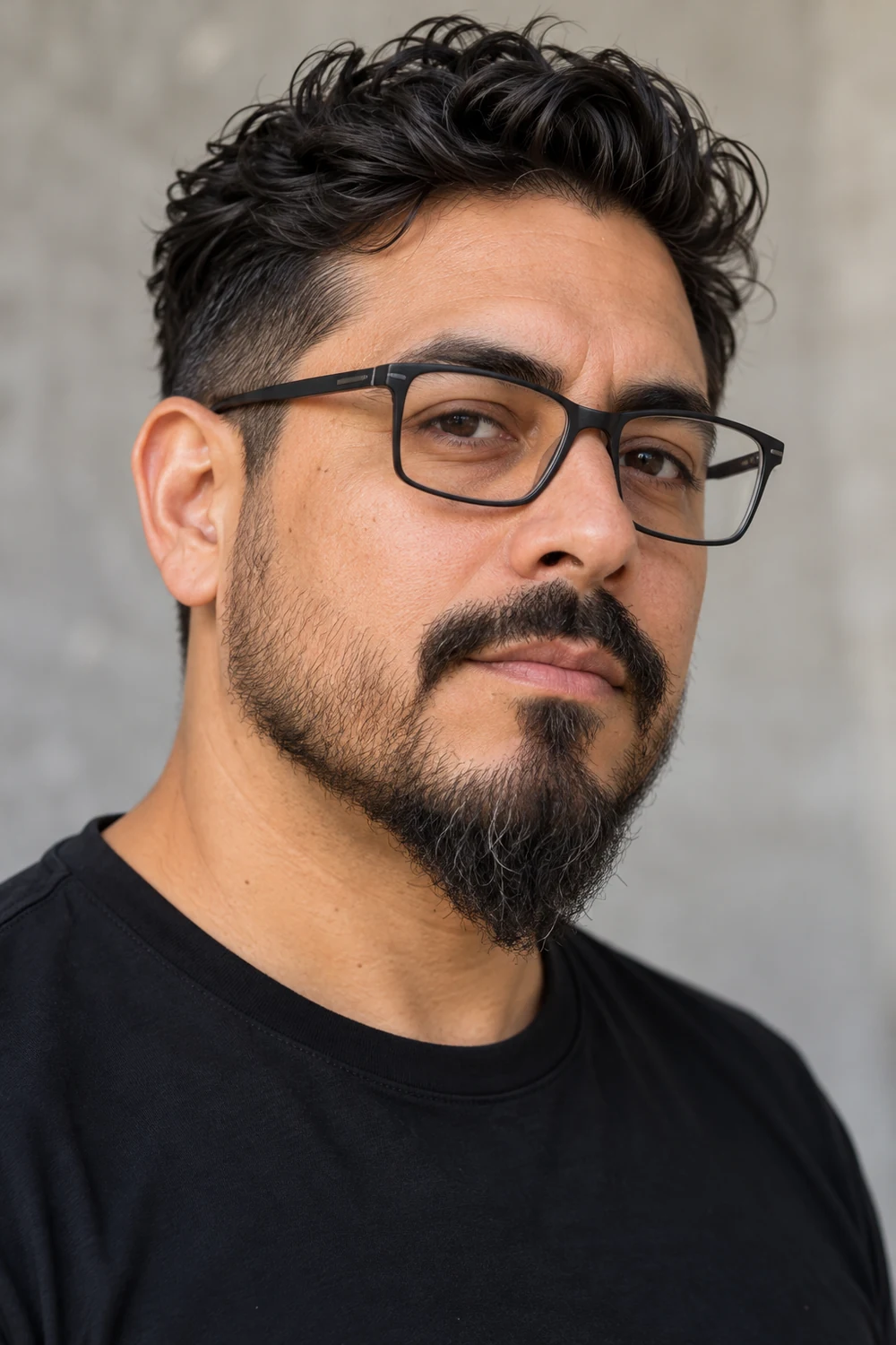 Fictional adult man in clear-lens rectangular glasses with an extended goatee, short cheek stubble, and a tapered chin point.