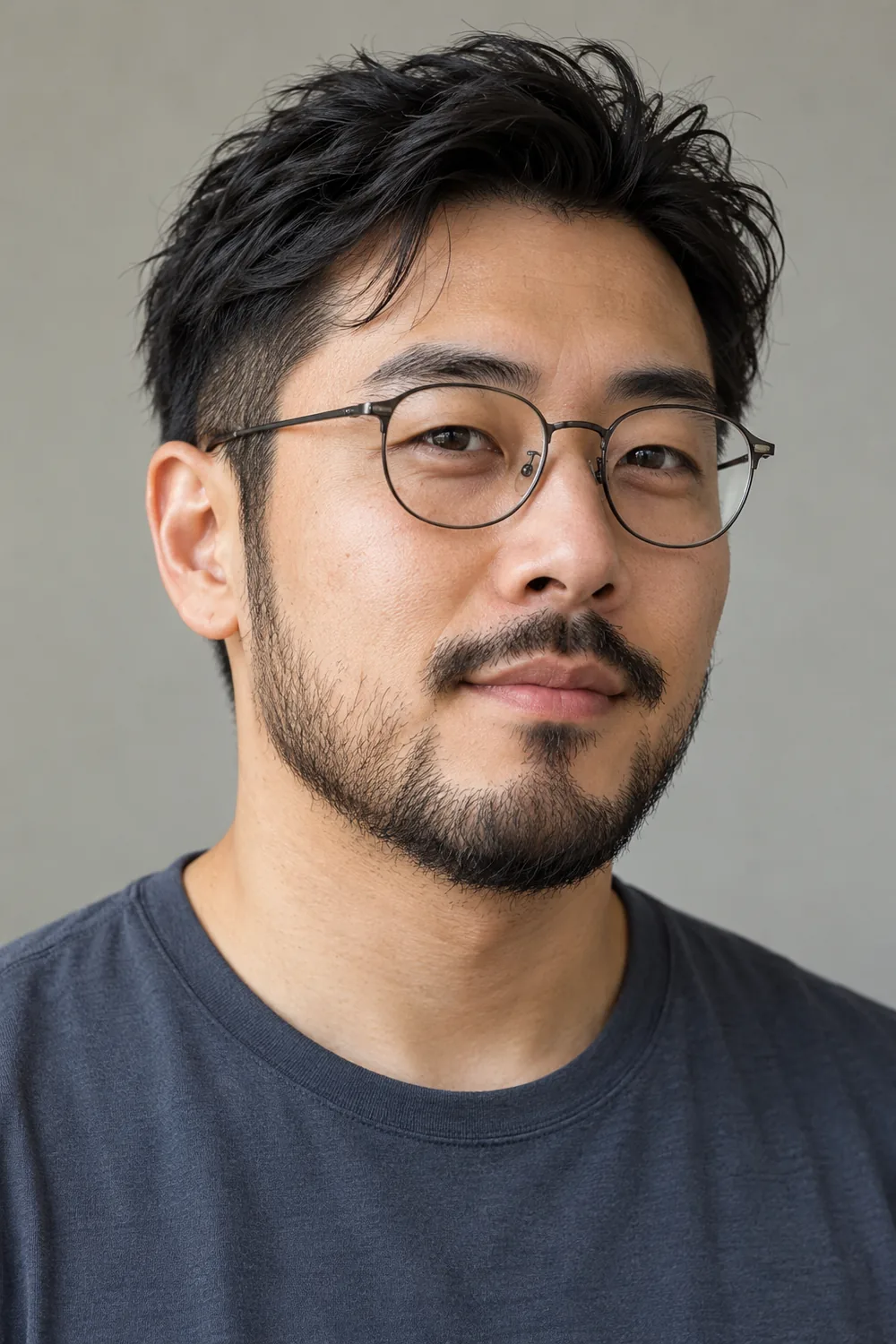 Fictional adult East Asian man wearing clear-lens oval glasses and a disconnected mustache with a medium-short jaw beard.