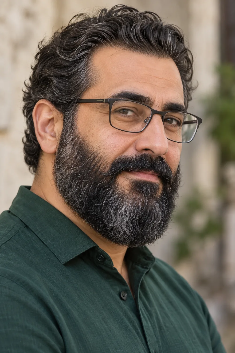 Fictional adult man in rectangular clear-lens glasses and a deep green shirt, wearing a dense dark wavy beard with silver strands and a broad rounded bottom.