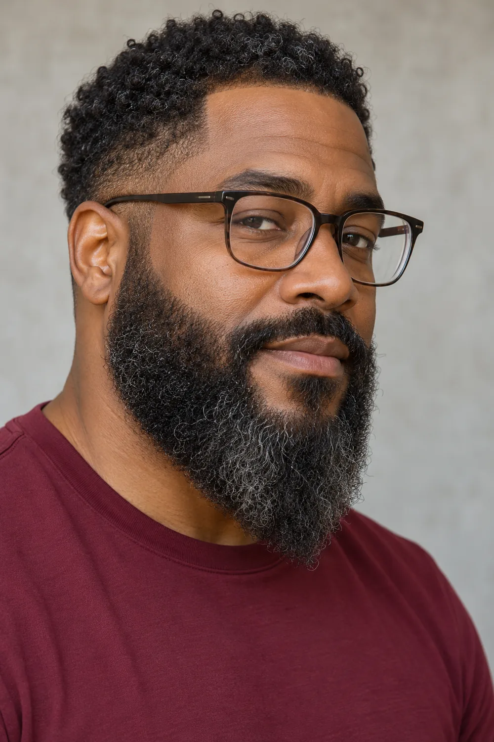 Fictional adult Black man in square clear-lens glasses and a burgundy shirt, with a dense long beard tapering to a pointed chin.
