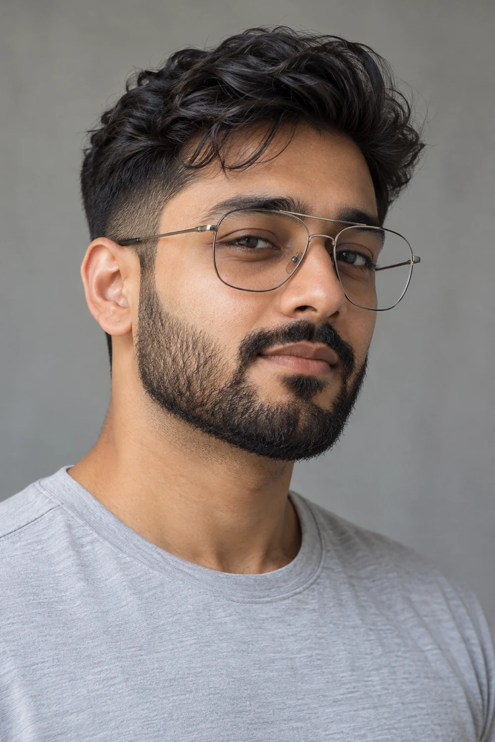 Fictional adult South Asian man in clear-lens aviator-style glasses and a light gray shirt, wearing a short dark beard with a defined cheek line and rounded chin.