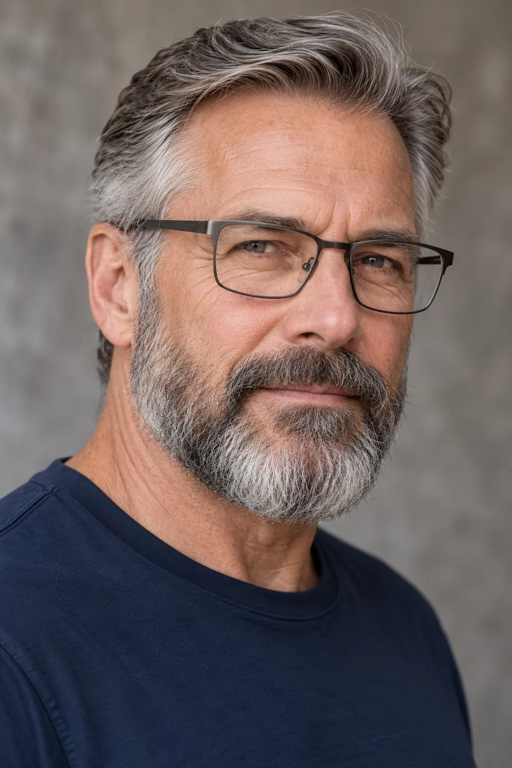Fictional older man wearing rectangular clear-lens glasses and a medium salt-and-pepper beard with a squared jaw outline.