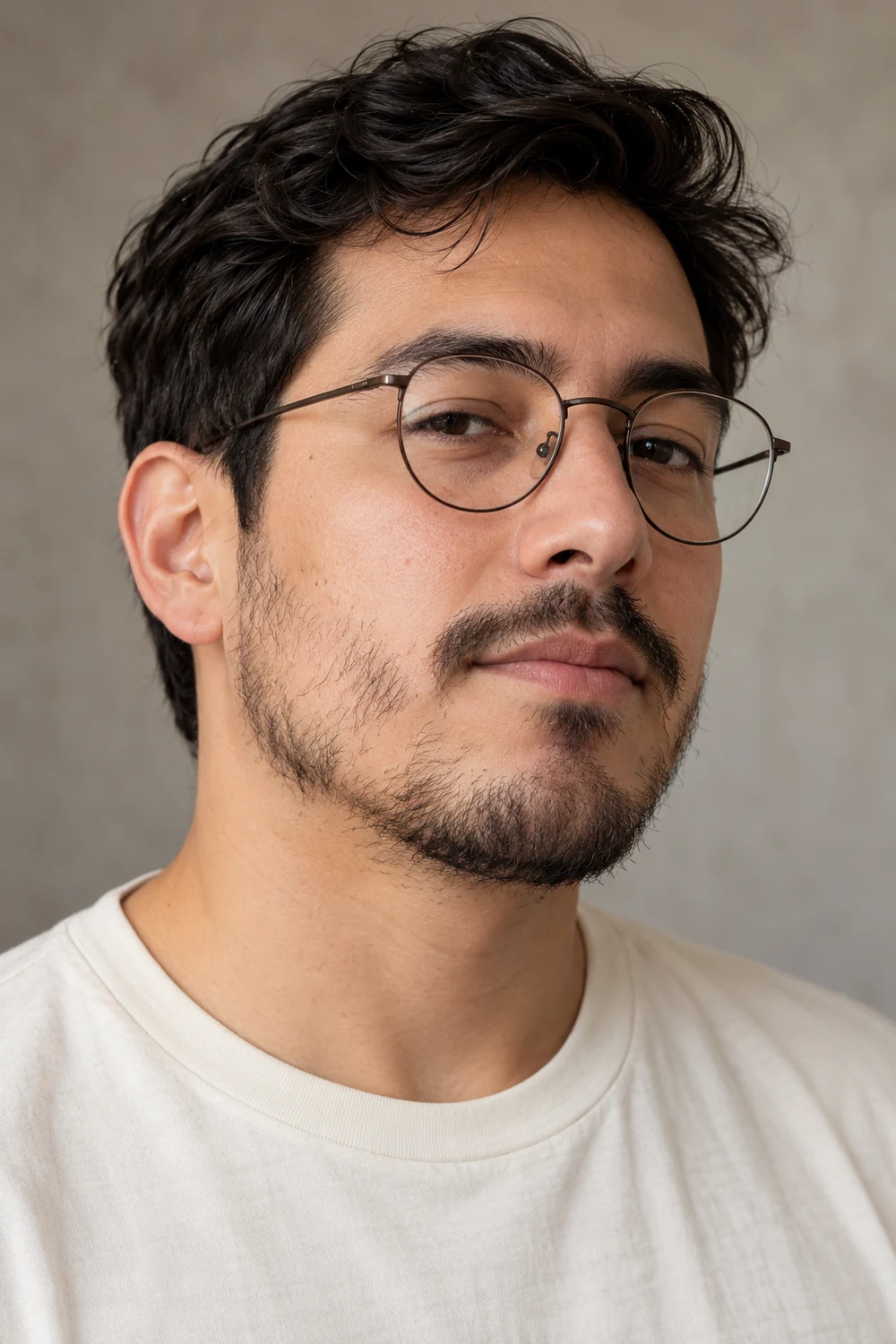 Fictional adult man in round clear-lens glasses, shown at a three-quarter angle with sparse cheek growth and a light, uneven jaw beard.