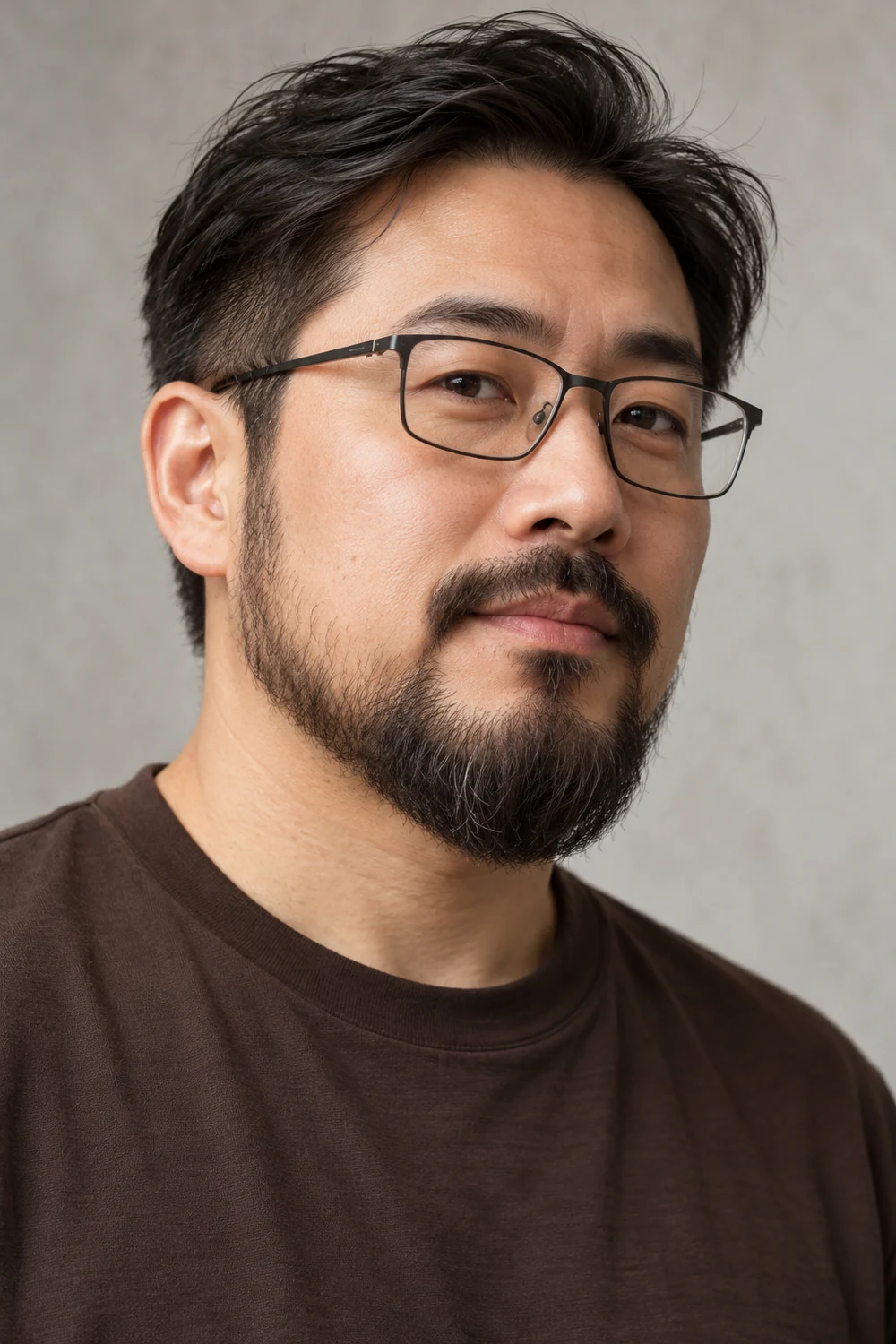 Fictional adult East Asian man wearing rectangular clear-lens glasses, with short cheek and jaw growth and a fuller rounded chin beard.