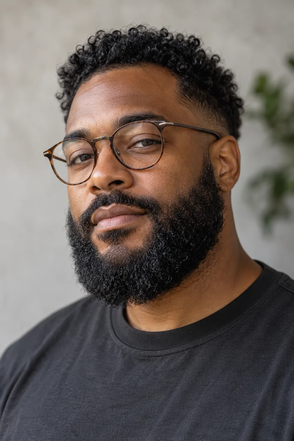 Fictional adult Black man in round clear-lens glasses and a charcoal shirt, wearing a full medium tightly curled beard with a rounded chin and connected trimmed mustache.