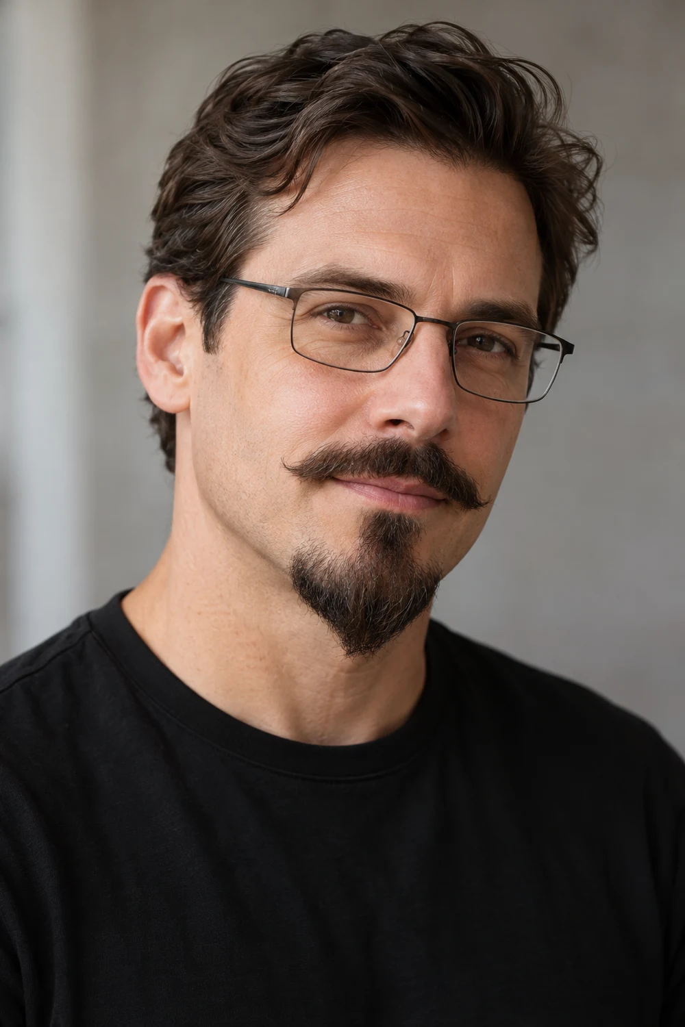 Fictional adult man wearing thin rectangular clear-lens glasses, with a pointed Van Dyke beard, tapered mustache, and clean-shaven cheeks.
