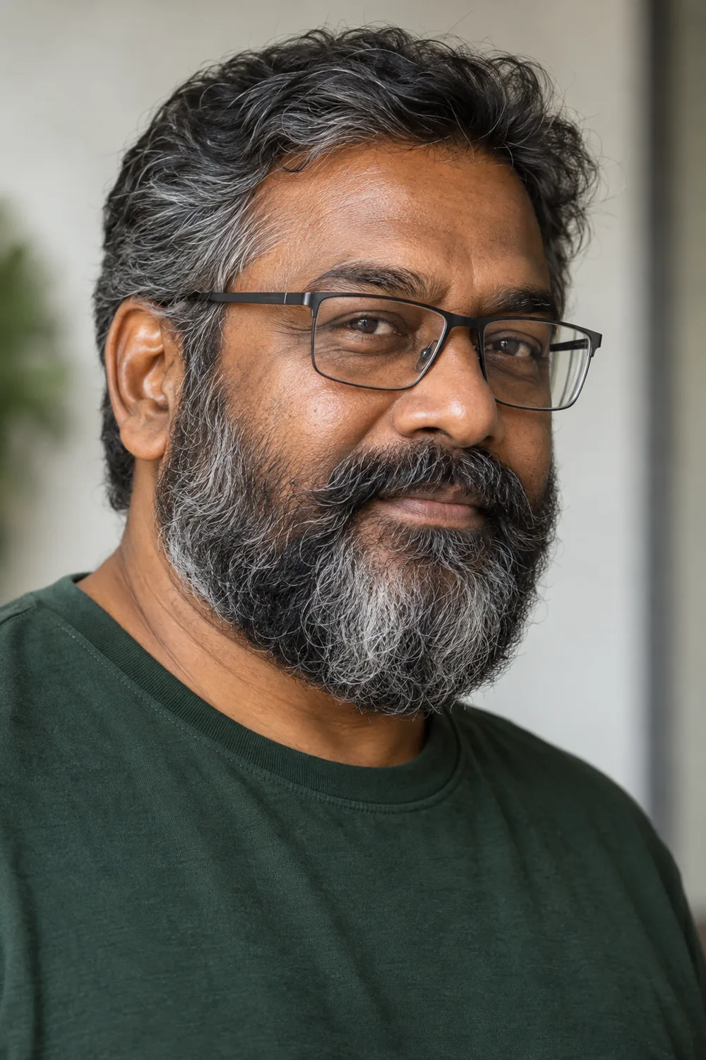 Fictional South Asian adult man wearing clear-lens rectangular glasses and a dense, rounded black-and-gray full beard with a low natural cheek line.