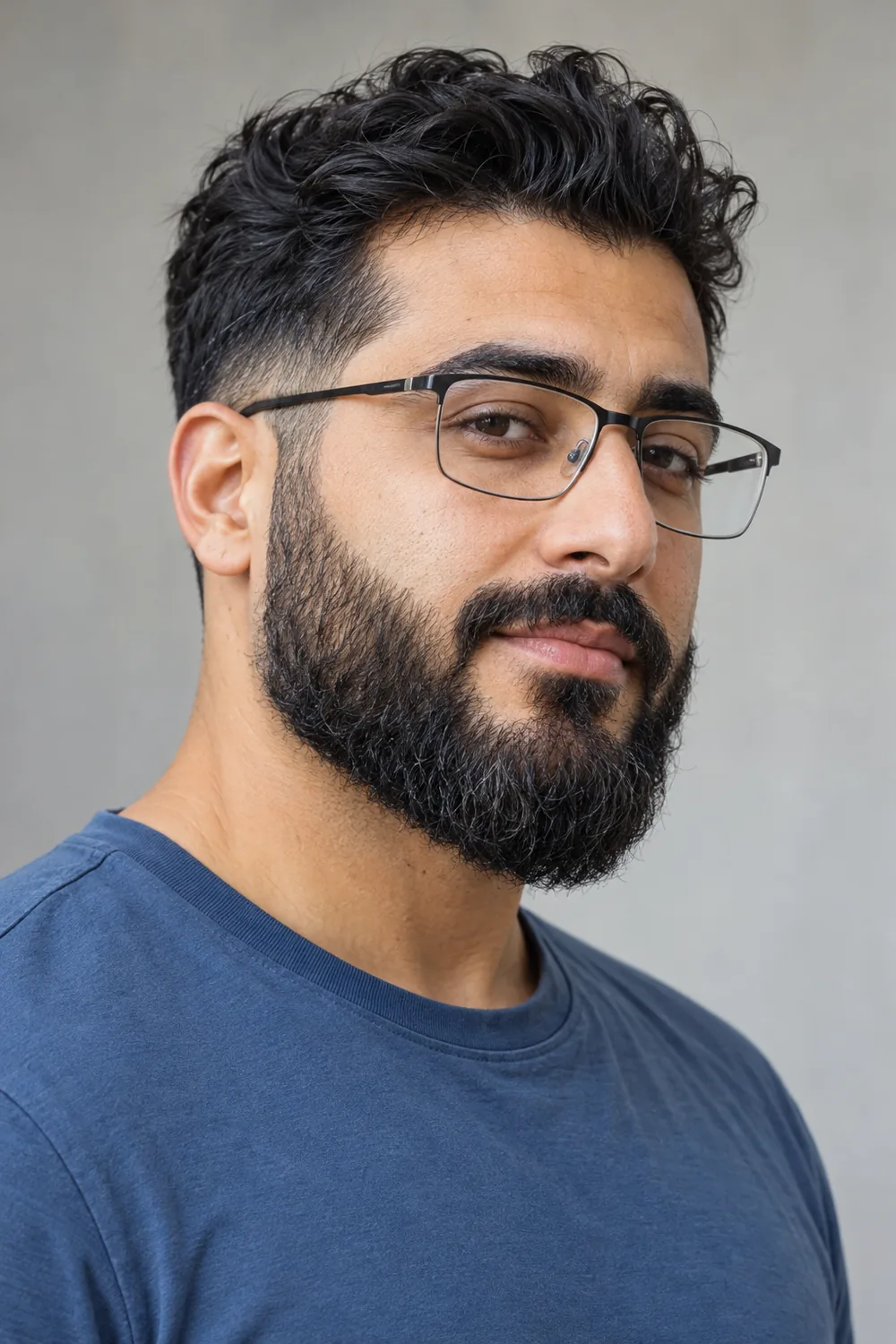 Fictional adult man in clear-lens rectangular glasses and a muted blue shirt, shown in three-quarter view with a dense medium wavy beard, faded sideburns, connected mustache, and rounded chin.