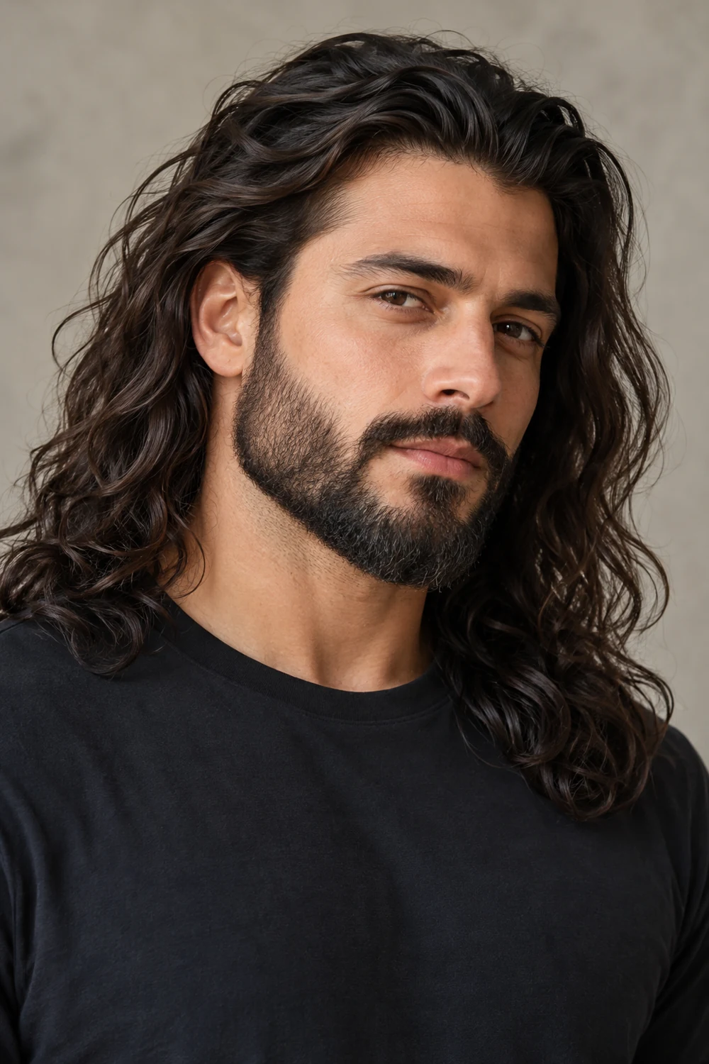 Fictional adult man with long dark wavy hair past his shoulders and a short, squared boxed beard with a connected mustache, shown in three-quarter view.