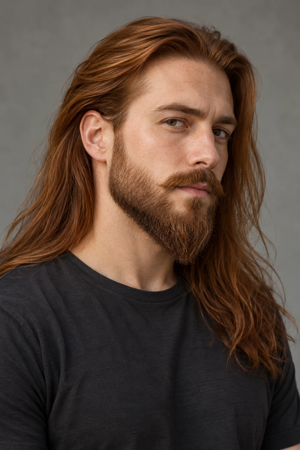 Fictional adult man with long auburn hair, a tapered pointed beard, and a slim mustache connected at the corners.