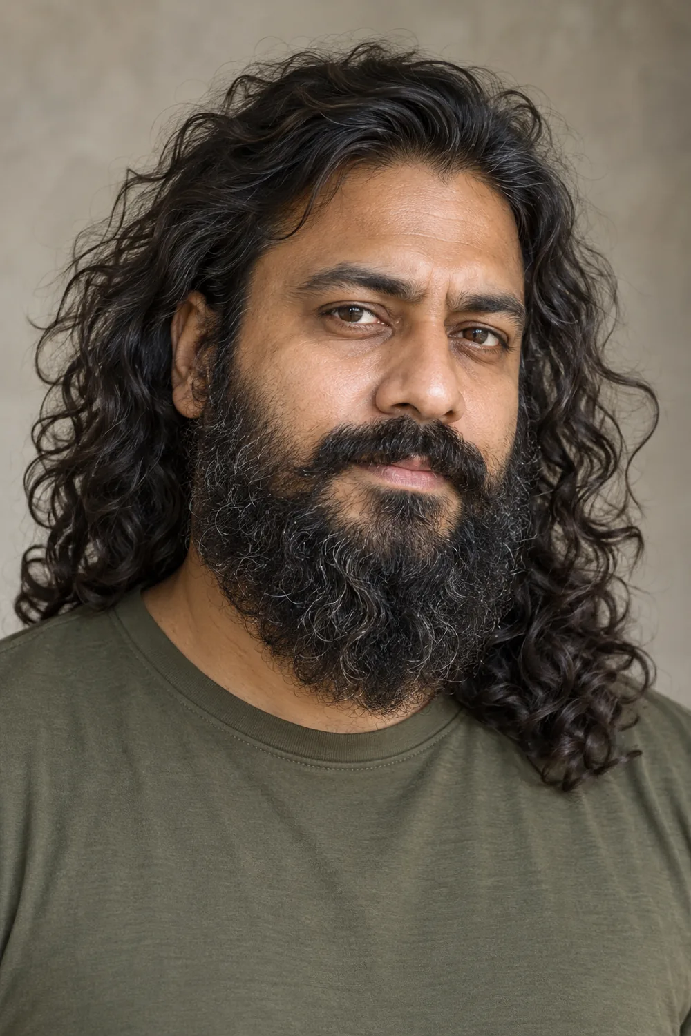 Fictional adult man with long black curls and a full, curly beard with a low natural cheek line and connected mustache.