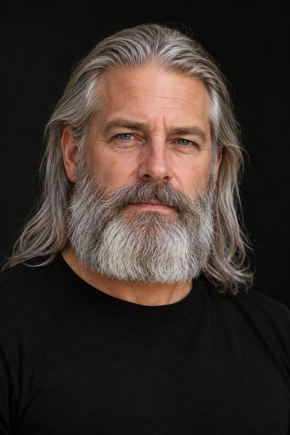 Fictional adult man with long silver hair and a broad, dense square beard with a connected full mustache.