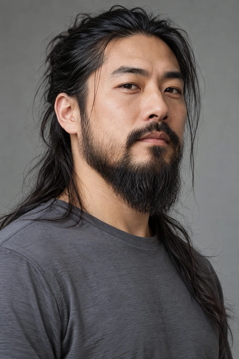 Fictional adult East Asian man with long black hair tied back and a medium-long beard fuller at the chin, shown in a three-quarter portrait.