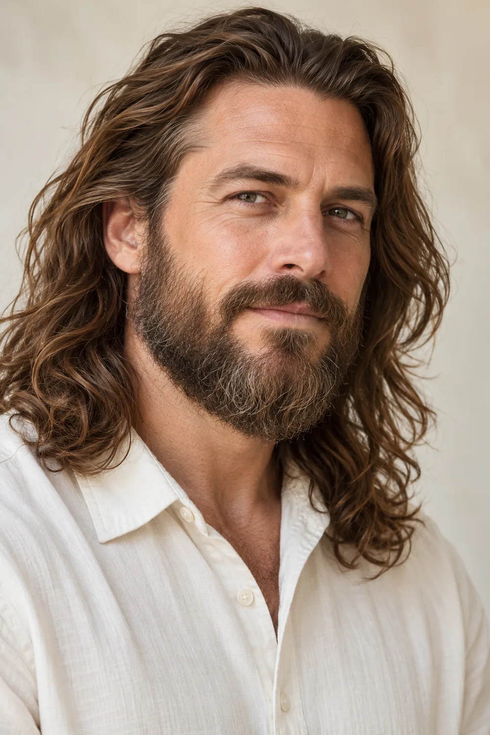 Fictional adult man with long wavy chestnut hair, a rounded tapered beard, and a medium mustache in a three-quarter portrait.