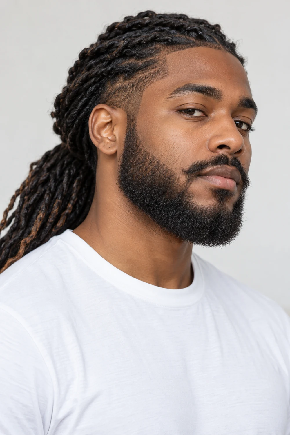 Fictional adult Black man with long tied-back twists and a short rounded coiled beard with a curved connected mustache, wearing a white crew-neck shirt.