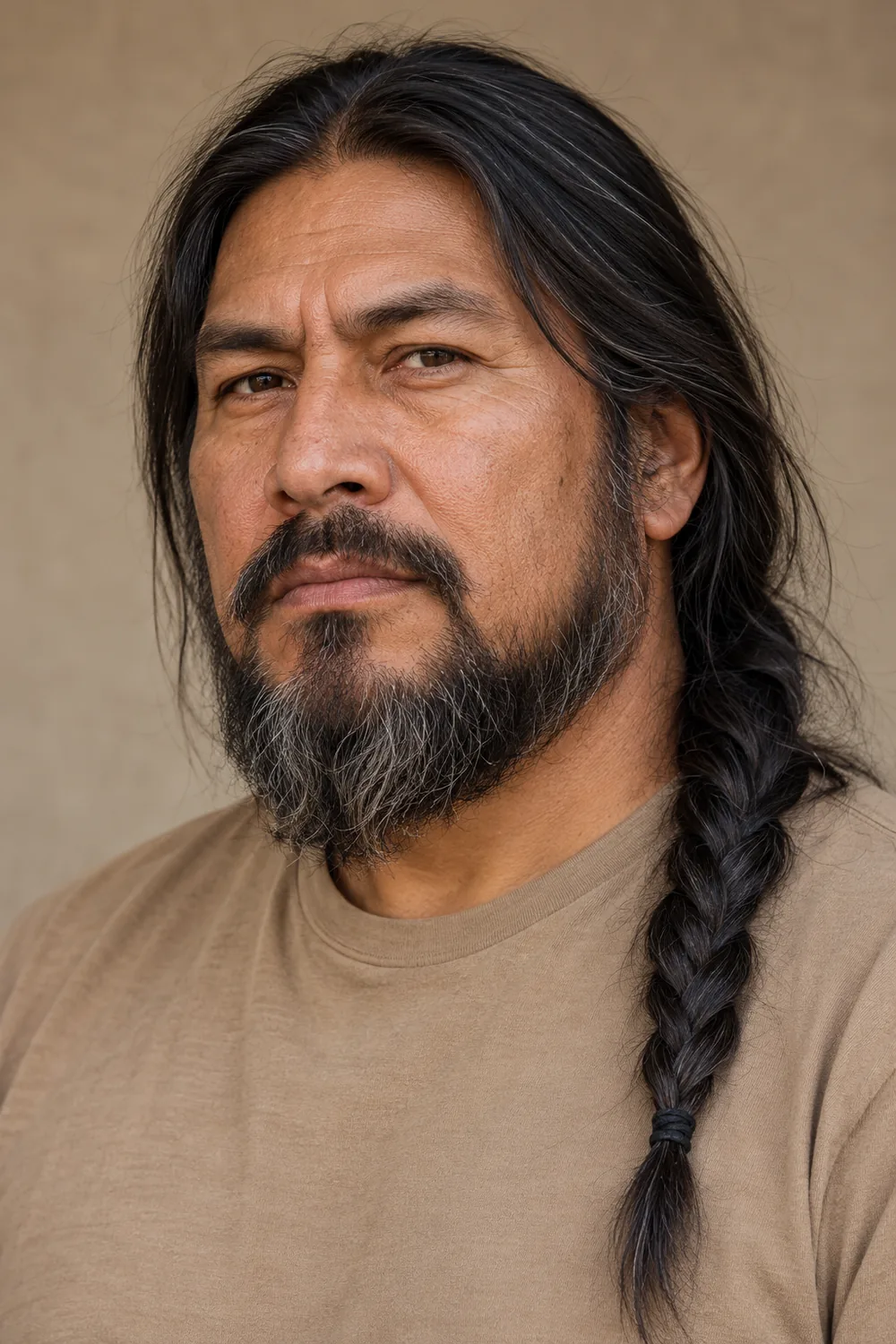 Photorealistic portrait of a fictional adult man with long dark hair braided over one shoulder, a medium full beard with soft cheeks, and a mustache separated at both corners.