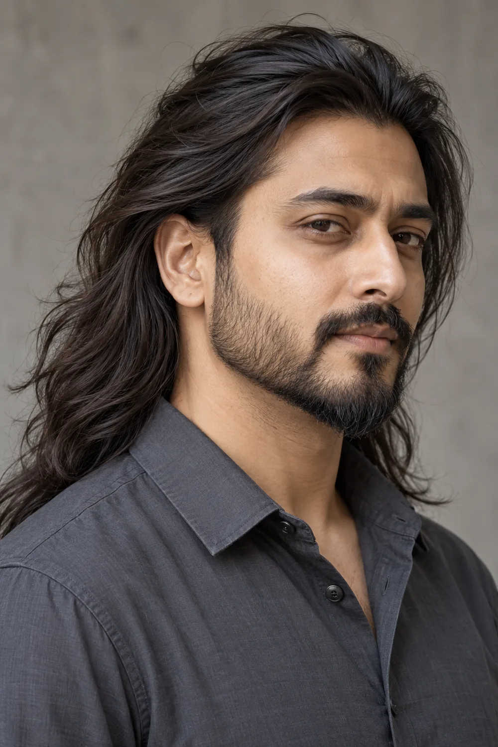Fictional adult South Asian man with long loose dark hair, a narrow tapered beard, and a fine mustache, shown in three-quarter view.