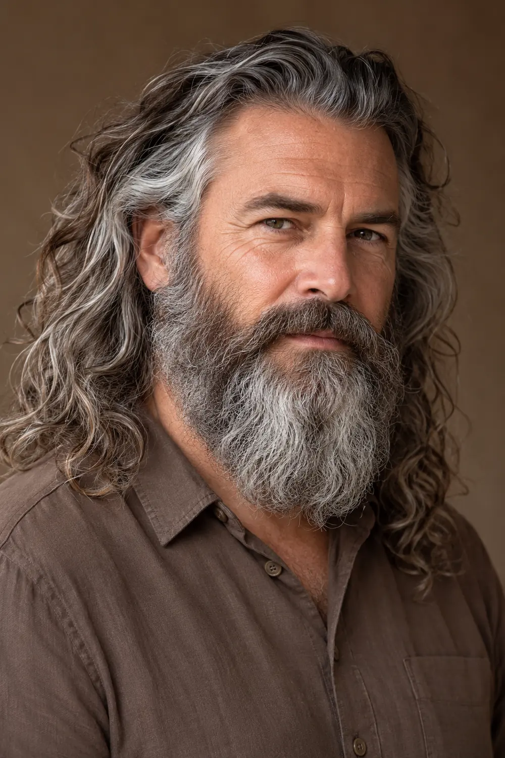 Fictional adult man with long salt-and-pepper curls and a rugged, wavy full beard with connected mustache, wearing a brown shirt.