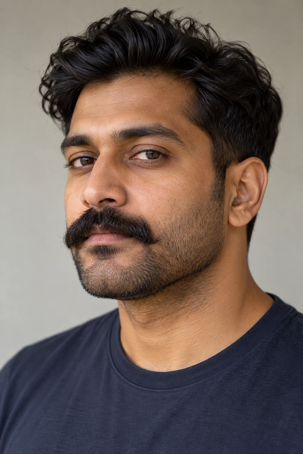 Fictional adult South Asian man with a broad straight mustache over soft, even stubble and a rounded chin, photographed in three-quarter view.
