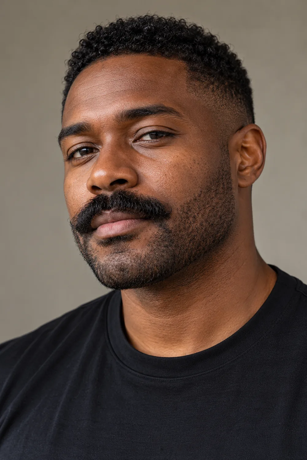 Fictional adult Black man in a three-quarter portrait, wearing a full tapered mustache with short crisp jaw stubble, a clean cheek line, and a squared chin.