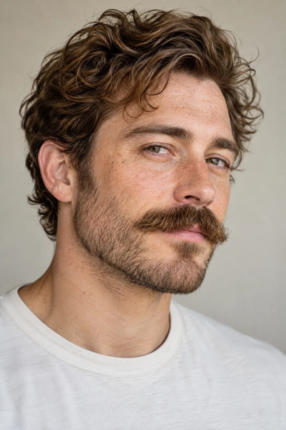 Three-quarter portrait of a freckled adult man with a full softly curved mustache, loose short stubble and a plain light crew-neck shirt.