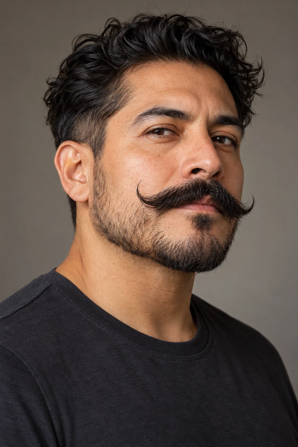 Three-quarter portrait of a fictional adult man with a prominent curled handlebar mustache and a compact short beard along his cheeks and jaw.