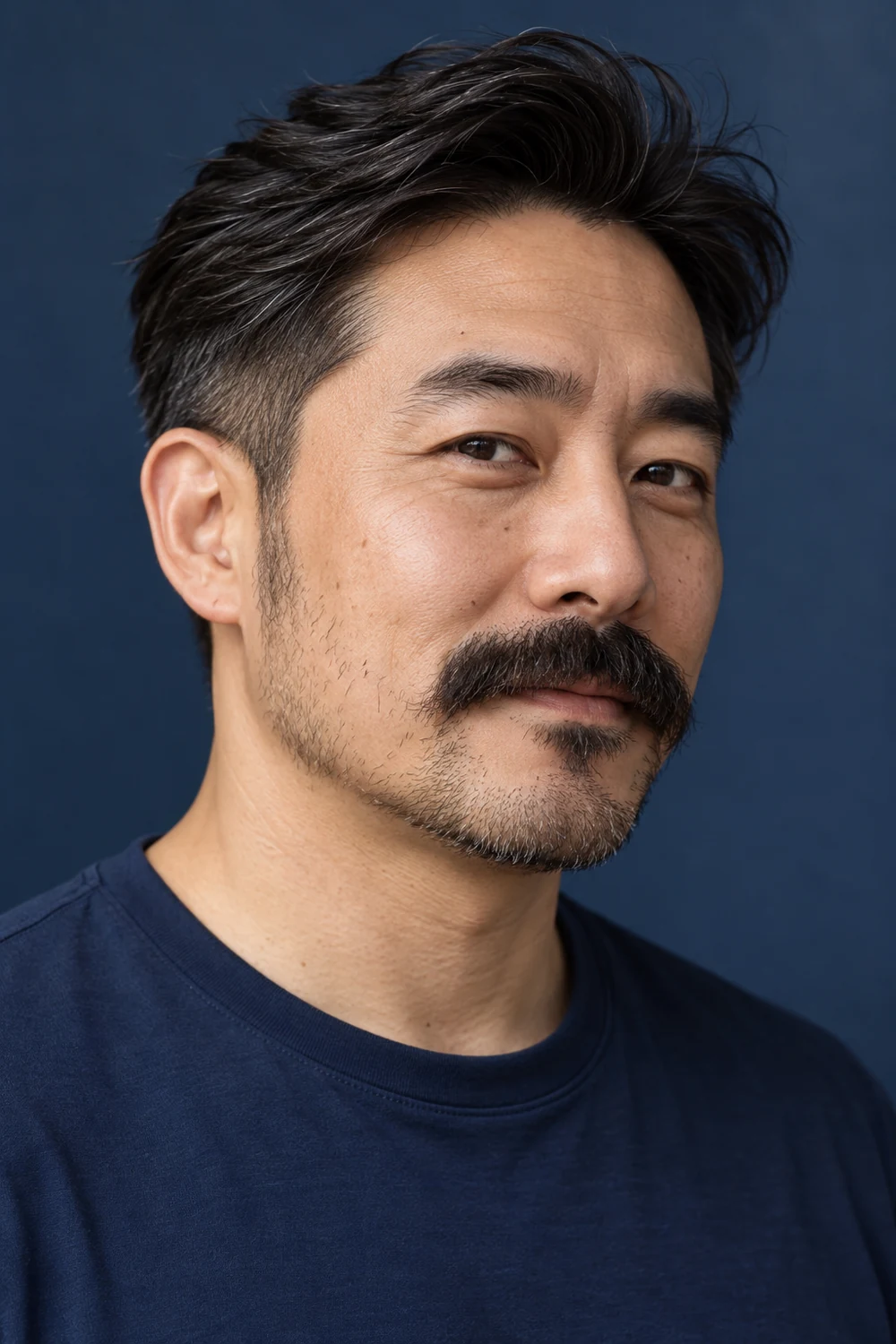 Fictional adult East Asian man wearing a broad chevron mustache with lighter short stubble tapering to the chin, in a navy shirt against a dark blue background.