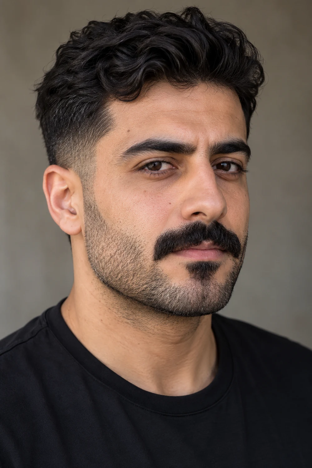 Photorealistic three-quarter portrait of a fictional adult man with a prominent squared mustache, narrow shaved gaps at the corners, and short cheek and jaw stubble.