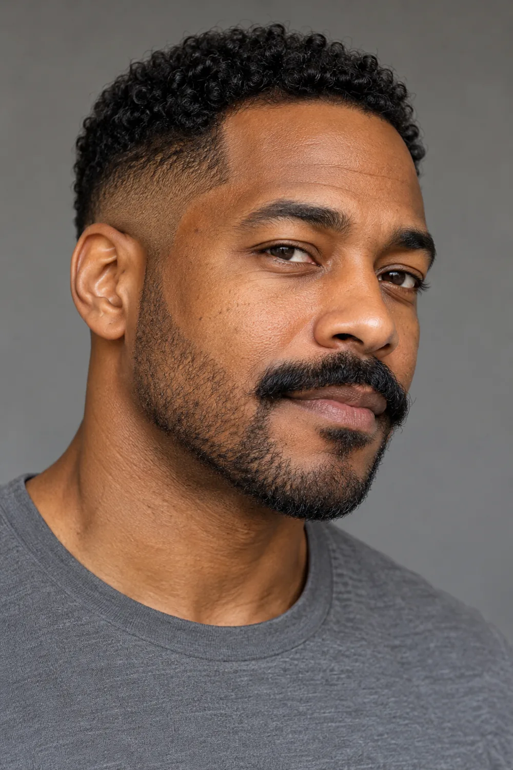 Three-quarter portrait of a fictional adult Black man with a carefully contoured full mustache, short close stubble, and a softly pointed chin.