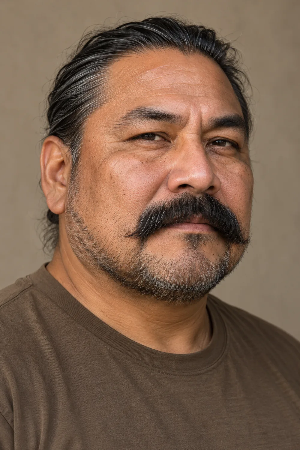 Three-quarter portrait of a fictional adult man with a broad dark mustache and shorter salt-and-pepper beard tracing a rounded jaw.