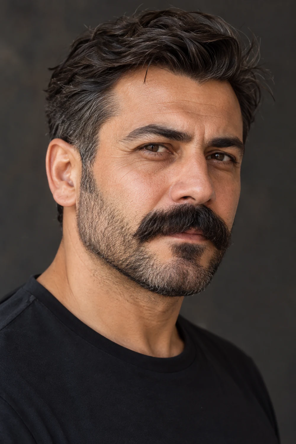 Three-quarter portrait of a fictional adult man with a dense dark mustache and shorter boxed beard with visible cheek and jaw edges.