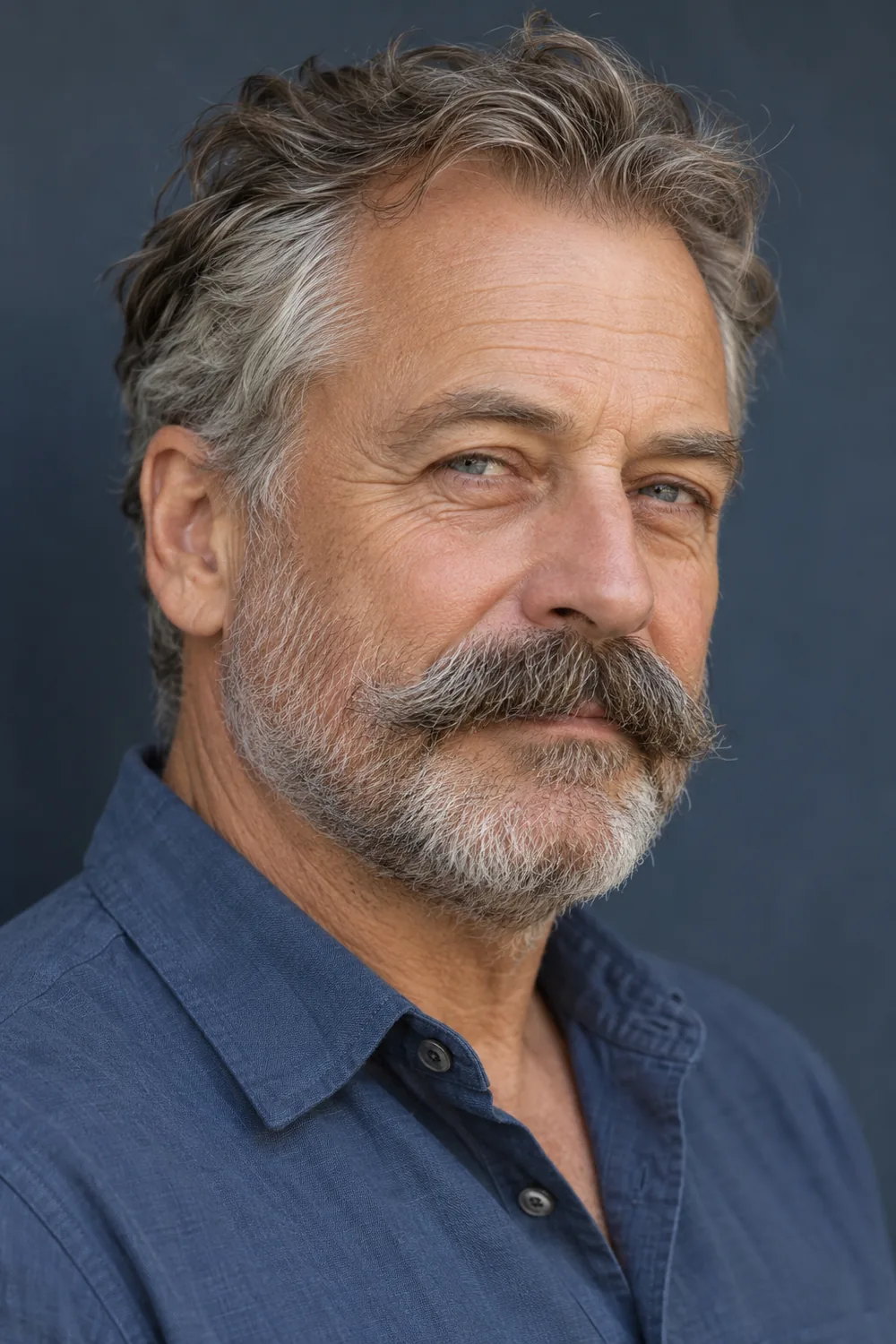 Fictional older adult man in a three-quarter portrait, with a full salt-and-pepper mustache above shorter rounded jaw stubble and a muted-blue shirt.