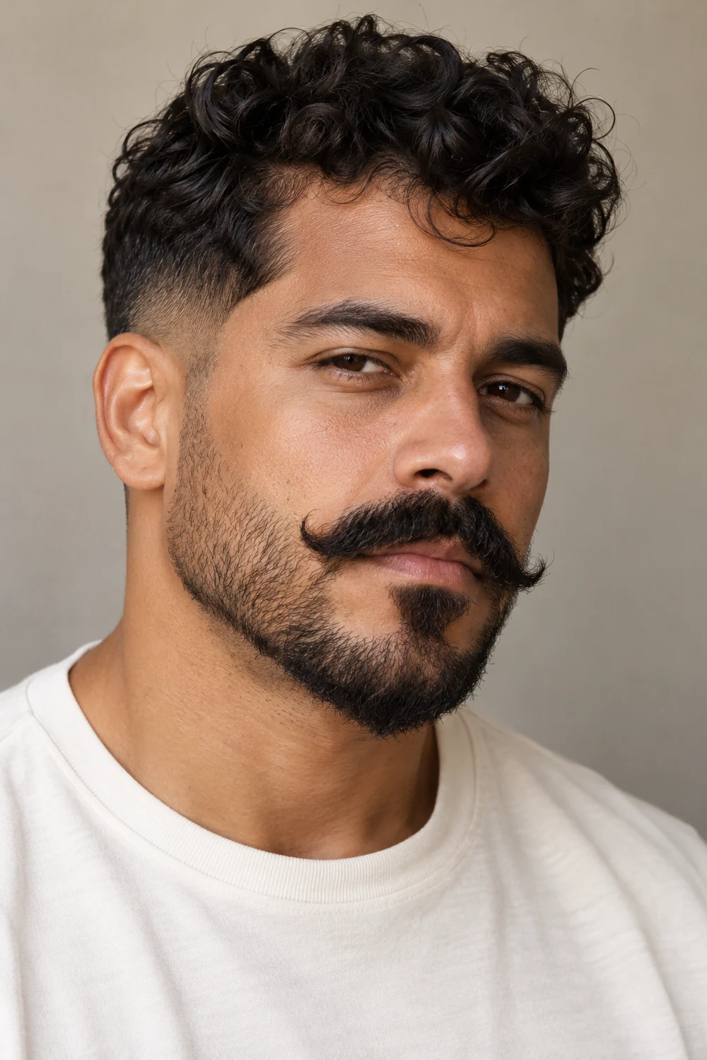 Three-quarter portrait of a fictional adult man with a prominent curled mustache, shorter wavy beard tapering to a defined chin point, and low sideburn fade.
