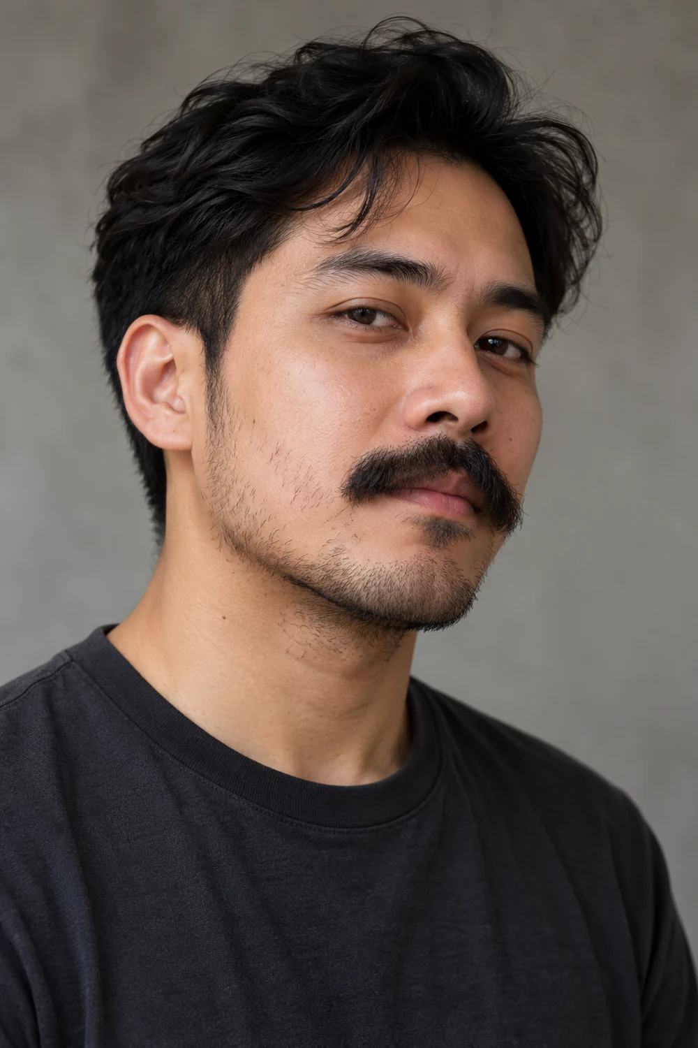 Fictional adult Southeast Asian man with a dense, dark mustache and visibly sparse, uneven cheek and jaw stubble, wearing a charcoal shirt.